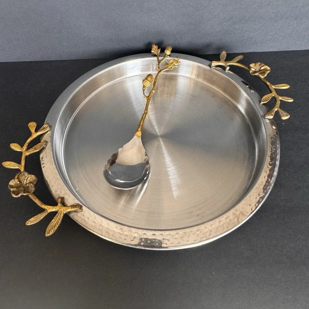 Stunning Hammered Stainless Steel Serving Tray & Serving Spoon ~ Brass Flowers